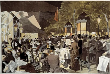 Boulevarderne på valgaftenens cafeterrasse. Fra et maleri af Osvaldo Tofani (1849-1915) Ec. Ital.