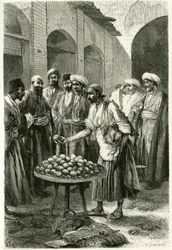 Fiskehandleren i Kachan (eller Kashan, i Teheran-provinsen, det nuværende Iran). Gravering af Tofani, fra et fotografi, for at illustrere historien "" Persia, Chaldee og Susiane"" i 1881-1882, af Jane Dieulafoy (nee Magre)