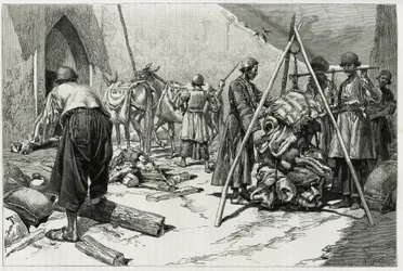 Vejningen af bagagen før Delafoy Brudeekspeditionens afgang. Gravering af Tofani, for at illustrere historien "" Persien, Kaldæa og Susiane""