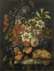 Stilleben med blomster og frugt