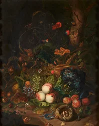 Stilleben af frugt og blomster (olie på lærred)