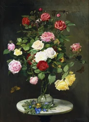En buket roser i en glasvase af vilde blomster på et marmorbord, 1882