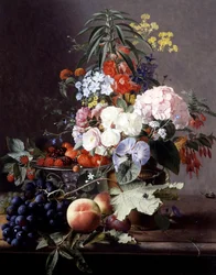 Stilleben med frugt og blomster. Maleri af Otto Didrik Ottesen (1816-1892) Privat samling.
