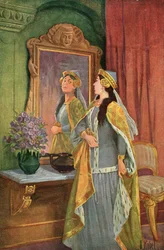 „Spejl, spejl på væggen der, hvem er skønnest i landet her?“, illustration fra Grimms eventyr „Snehvide og de syv dværge“, ca. 1900