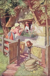 Den onde dronning, forklædt som en gammel kvinde, tilbyder Snehvide det forgiftede æble, illustration fra Grimms eventyr «Snehvide og de syv dværge», ca. 1900
