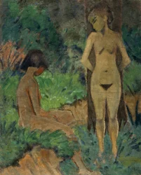 Badegæster under træer, ca. 1925 (limfarve på lærred)