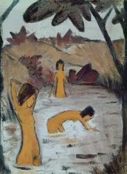 Tre badende i dammen. Omkring 1912