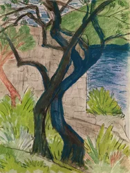 Træer før en bro (pastel & gouache på papir)