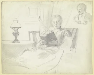 Luise Scholderer læsende med bord og lampe, brystbillede af en kvindelig figur i baggrunden