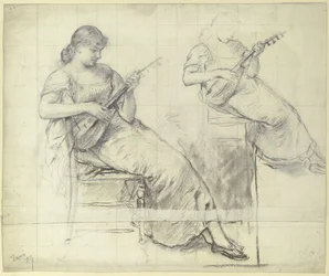 Siddende ung kvinde, der spiller mandolin