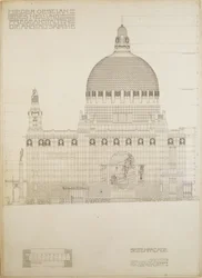 Skitse til kirken i Steinhof, Wiens centrale hospital for psykisk syge ...