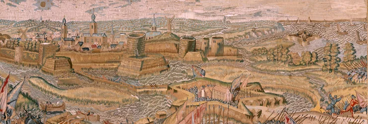 flamsk gobelin. Serie triumfer og slag af ærkehertug Albert. Angreb og erobring af Hulsts forankrede slagmark (Asalto y toma del campo atrincherado de Hulst). Sjette gobelin i serien. Model Otto van Veen og Hans I Snellinck. Manufactur