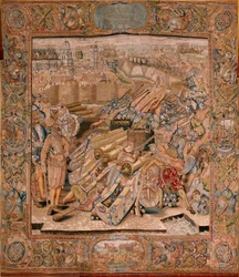 flamsk gobelin. Serie triumfer og slag af ærkehertug Albert. Angreb på byen Calais (Asalto de la plaza de Calais). Andet gobelin i serien. Model Otto van Veen og Hans I Snellinck. Fremstilling Martin Reynbouts, Bruxelles
