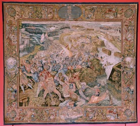 flamsk gobelin. Serie triumfer og slag af ærkehertug Albert. Slag i skyttegravene i Hulst (Combate en las trincheras de Hulst). Femte gobelin i serien. Model Otto van Veen og Hans I Snellinck. Fremstilling Martin Reynbouts, Bruselas. 1597-159