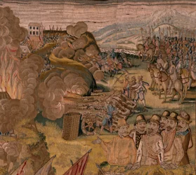 flamsk gobelin. Serie triumfer og slag af ærkehertug Albert. Natangreb på Ardres eller erobringen af den lave by Ardres (Asalto nocturno de Ardrés o Toma de la baja villa de Ardrés). Tredje gobelin i serien. Model Otto van Veen og Hans I Snell