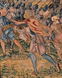 flamsk gobelin. Serie triumfer og slag af ærkehertug Albert. Natangreb på Ardres eller erobringen af den lave by Ardres (Asalto nocturno de Ardrés o Toma de la baja villa de Ardrés). Tredje gobelin i serien. Model Otto van Veen og Hans I Snell
