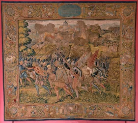 flamsk gobelin. Serie triumfer og slag af ærkehertug Albert. Natangreb på Ardres eller indtagelse af den lave by Ardres (Asalto nocturno de Ardrés o Toma de la baja villa de Ardrés). Tredje gobelin i serien. Model Otto van Veen og Hans I Snell