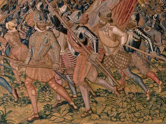 flamsk gobelin. Serie triumfer og slag af ærkehertug Albert. Natangreb på Ardres eller erobringen af den lave by Ardres (Asalto nocturno de Ardrés o Toma de la baja villa de Ardrés). Tredje gobelin i serien. Model Otto van Veen og Hans I Snell