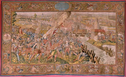 flamsk gobelin. Serie triumfer og slag af ærkehertug Albert. Overraskelse ved Calais (La sorpresa de Calais). Første gobelin i serien. Model Otto van Veen og Hans I Snellinck. Fremstilling Martin Reynbouts, Bruselas. 1597-1599. Stof Guld, sølv, si