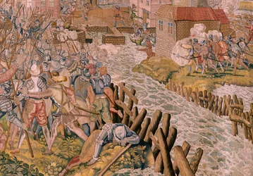 flamsk gobelin. Serie triumfer og slag af ærkehertug Albert. Overraskelse ved Calais (La sorpresa de Calais). Første gobelin i serien. Model Otto van Veen og Hans I Snellinck. Fremstilling Martin Reynbouts, Bruselas. 1597-1599. Stof Guld, sølv, si