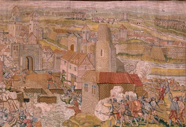 flamsk gobelin. Serie triumfer og slag af ærkehertug Albert. Overraskelse ved Calais (La sorpresa de Calais). Første gobelin i serien. Model Otto van Veen og Hans I Snellinck. Fremstilling Martin Reynbouts, Bruselas. 1597-1599. Stof Guld, sølv, si