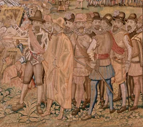 flamsk gobelin. Serie triumfer og slag af ærkehertug Albert. Indtagelsen af byen Hulst (Toma de la Plaza de Hulst). Syvende gobelin i serien. Model Otto van Veen og Hans I Snellinck. Fremstilling Martin Reynbouts, Bruxelles