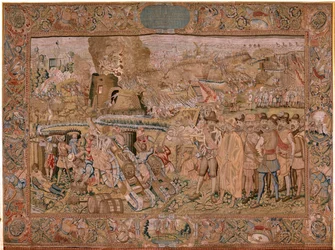 flamsk gobelin. Serie triumfer og slag af ærkehertug Albert. Indtagelsen af byen Hulst (Toma de la Plaza de Hulst). Syvende gobelin i serien. Model Otto van Veen og Hans I Snellinck. Fremstilling Martin Reynbouts, Bruxelles