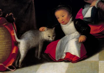 Kunstneren og hans familie Detalje, der repræsenterer katten og barnet. Maleri af Octavius Van Veen (1556-1629)