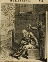 Xanthippe tømmer en kammergryde over Sokrates. Fra Emblemata Horatiana, 1607