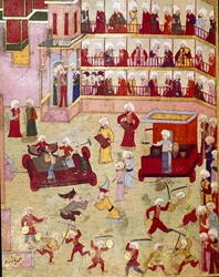 Festligheder arrangeret i anledning af omskæringen af sønnen af den osmanniske sultan Murad II (Murat) (1404-1451), jonglører, akrobater og guldsmede kom for at præsentere prøver af miniature fra det 16. århundredes Istanbul, Topkapi Sarayi Museum Library