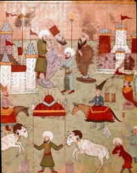 Festligheder organiseret i anledning af omskæringen af sønnen af den osmanniske sultan Murad II (Murat) (1404-1451), forberedelse af fyrværkeri Miniature fra det 16. århundrede Istanbul, Topkapi Sarayi Museum Library