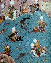 Jagtscene i nærværelse af Sultan Murad II (Murat) (1404-1451) Miniature fra det 17. århundrede. Istanbul, Topkapi Sarayi Museumsbibliotek