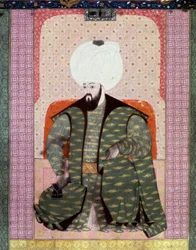 Det Osmanniske Rige: "" Portræt af den osmanniske sultan Bajazed (Bayezid, Bajazet, Bayazid) II den retfærdige (1447-1512)"" Miniature fra manuskriptet (Ms. 1973, folio 62a) "" Zubdat al Tawarikh" (Zubdat al Tawarikh) (Creme of Stories) af historikeren Sey