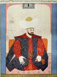 Det Osmanniske Rige: "" Portræt af den osmanniske Sultan Murad I (1326-1389)"" Miniature fra manuskriptet (Ms. 1973, folio 62a) "" Zubdatat-al-Tawarikh"" (Zubdat al-Tawarikh) (Creme of Stories) af historikeren Seyyid Loqman Ashuri 1538. Tyrkisk og islamisk