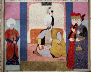 Osmannerriget: "" Sultan Murad III (1546-1595) omgiver hofmænd""" Miniature fra "Zubdat al Tawarikh"" (Ms. 1973, fol. 59b) af Seyyd Lokman Ashuri 1583 Istanbul, Tyrkisk-islamisk kunstmuseum