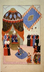 Osmannerriget: Sultan Soliman (Suleyman) Jeg sagde, at den storslåede (1520-1566) omgiver kurtisaner"" Miniature taget fra "" Nuzhet el-Esrar el-Ahbar der Sefer-i Sigetvar"" (Nuzhet el Estrar el Ahbar der Sefer i Sigetvar ) (Krønikker af Szis kampagner