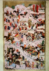 Det Osmanniske Rige: "" Sultan Soliman (Suleyman) Jeg sagde det storslåede i slaget ved Mohacs den 29/08/1526 mod hæren fra kongeriget Ungarn, kommanderet af kong Louis II""" Miniature fra "Hunername" af Lokman, vol. 1 (H 1523, f.256b) 1584 Topkapi S