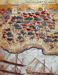Osmannerriget: repræsentation af en befæstet by på bredden af Donau erobret af Soliman (Suleyman) Jeg sagde den storslåede (1520-1566) under hans march mod Budapest og Wien (1526-1529). 1500-tals miniature. Topkapi Sarayi Istanbul