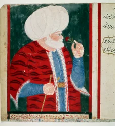 Portræt af Barberose (Khizir Khayr ad-din (Barbaros Hozor Hayreddin Pasha eller Pasa eller Chair ad Din, Chaireddin eller Cheireddin) (1466-1546) Storadmiral af Osmannerriget efter en karriere som pirat Miniature fra manuskriptet Ms. H. 2134