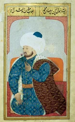 Portræt af sultanen af Det Osmanniske Rige Mehmed 2. (Mehmet 2. Erobreren eller Mehmed 2. Fatih) (1430-1481). Miniature fra manuskriptet «Menneskelig fysiognomi (Om osmannernes personlige anlæg)» af Seyyid Lokman Hussein (Ms. ty6087, folio)