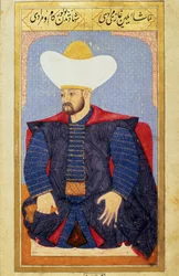 Portræt af sultanen fra det osmanniske imperium Murad I (1326-1389) Miniature fra manuskriptet "" Menneskelig fysiognomi (Om personlige arrangementer af osmannerne) af Seyyid Lokman Hussein. (Ms. ty6087 folio 27b)