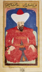 Portræt af sultanen fra det osmanniske imperium Orhan (Orkhan eller Urchan) I (1281-1360) Miniature fra manuskriptet "" Menneskelig fysiognomi (Om personlige arrangementer af osmannerne) af Seyyid Lokman Hussein. (Ms. ty6087 folio 25b)