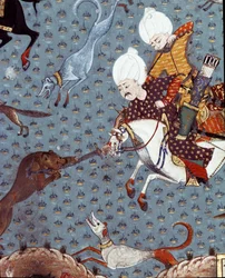 Repræsentation af hofmændene fra Sultan Murad II (Murat) (1404-1451) på jagt efter Fawn Detail. 1600-tals miniature. Istanbul, Topkapi Sarayi Museumsbibliotek