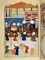 Videnskab og islam: beskrivelse af det astronomiske observatorium af den arabiske videnskabsmand Taqi al-Din (Taqi al Din eller Takiyuddin) (1526-1585), bygget under Murad III i Istanbul i 1577, astronomer arbejder med instrumenter. Håndskriftminiature