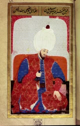 Soliman (Suleyman) I den storslåede (1494-1566), Sultan Ottoman Miniature fra manuskriptet "" Human Physiognomy (Om personlige arrangementer af osmannere) af Seyyid Lokman Hussein. (Ms. ty6087 folio 27b)