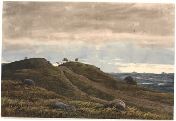 Landskab med en sandet vej, der fører over en lyngbakke. Til højre udsigt over vidtstrakt land med tørvemoser. Fra Raageleje-egnen?