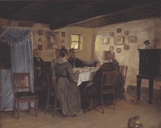 Kunstnerens venner og familie sidder rundt om et bord. Vejby, Nordsjælland