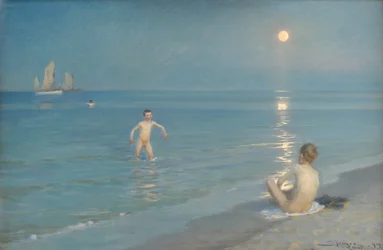 Drenge bader ved Skagen. Sommeraften