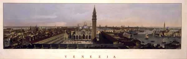 Udsigt over Markuspladsen, Venedig, indgraveret af F. Citerrio (farvet gravering)