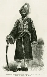 Jang Bahadur (1816-1877), Nepals premierminister. Gravering af P.Sellier for at illustrere historien Voyage au Nepal, af Dr. Gustave Le Bon (1841-1931), i le tour du monde 1886, instrueret af Edouard Charton (1807-1890), Hachette, Paris.